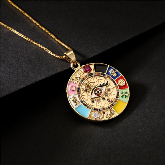 Collana pendente geometrica irregolare stile bohémien da donna con occhi in smalto e zirconi su catena a maglie in rame
