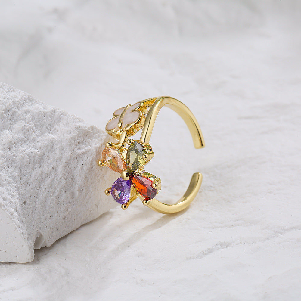 Minimalist Floral Geometric Copper Ring with 18K Gold Plating and Zircon Inlay for Women