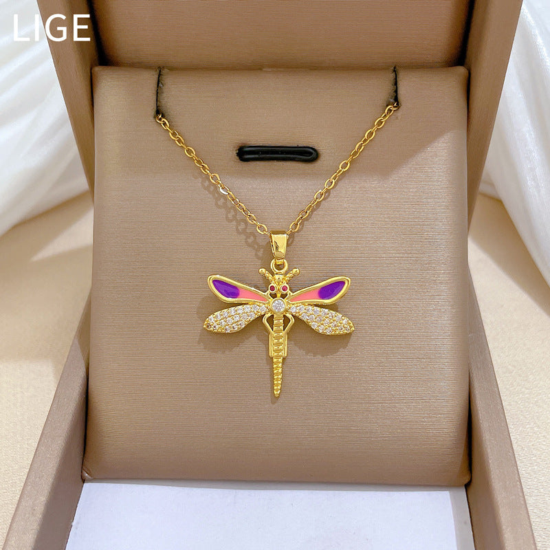 Sweet Elegant Geometric Dragonfly Drip Oil Rhinestone Necklace Titanium Steel Cable Chain Unisex
