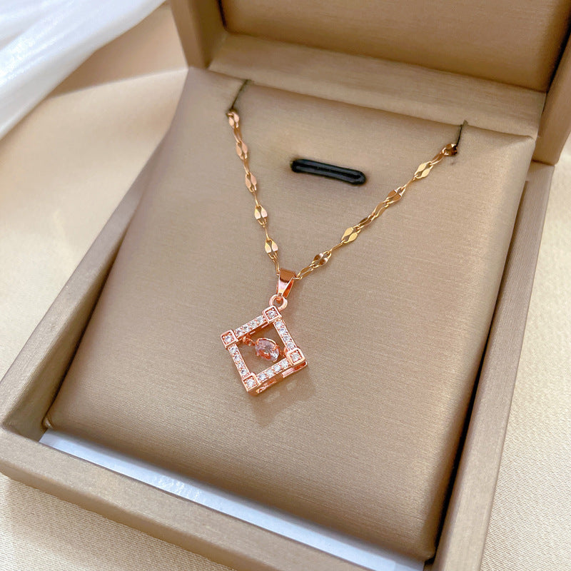 Luxury Geometric Titanium Steel Pendant Necklace for Women with Rhinestone Inlay, Delicate Clavicle Chain Style