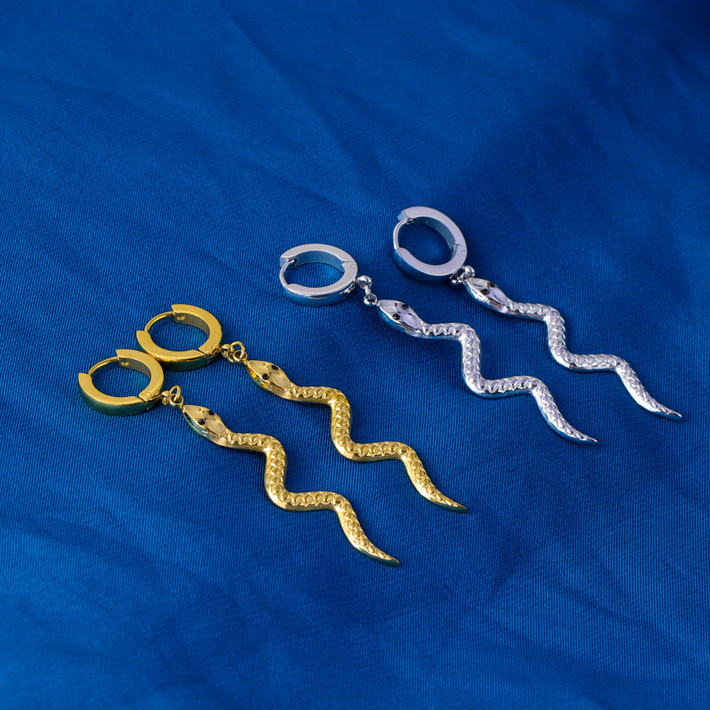 Fashionable Snake-Shaped Stainless Steel Earrings for Women with Gold Plating, Long Length to Complement Facial Features