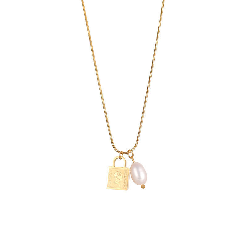 Minimalist Geometric Stainless Steel Pendant Necklace for Women with Snake Chain and Lucky Lock Design