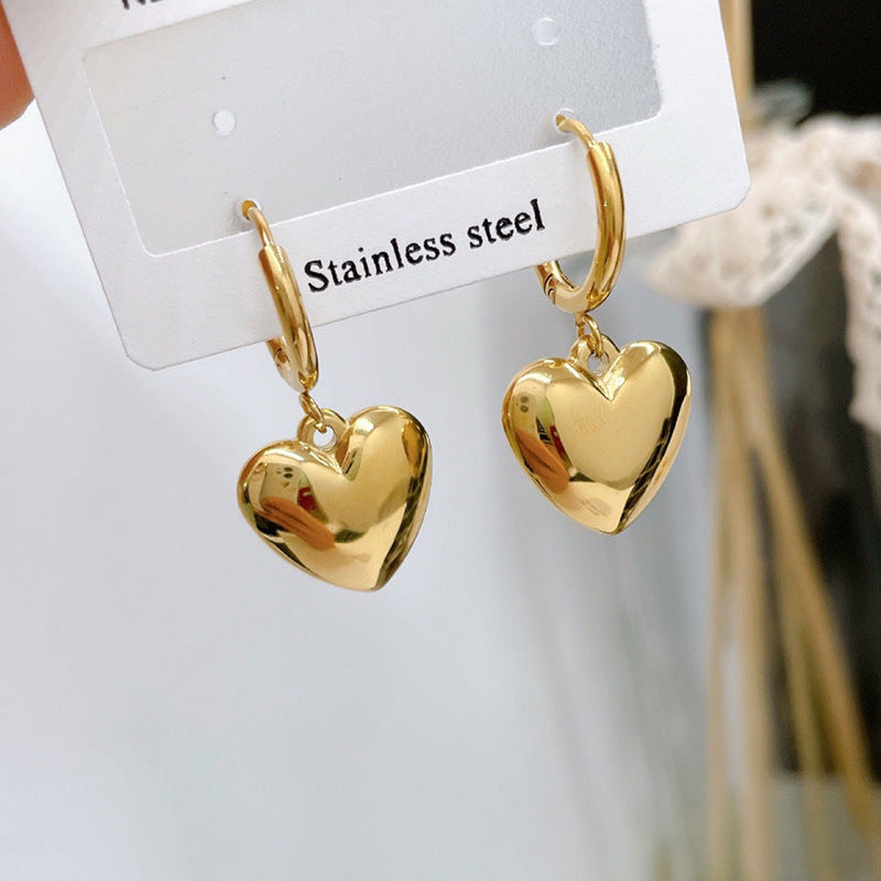 Minimalist Three-Dimensional Heart-Shaped Stainless Steel Earrings with Plated Finish for Women