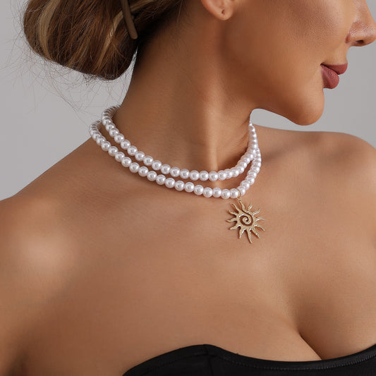 Bohemian Geometric Floral Sunflower Alloy Necklace with Imitation Pearl Plated Finish for Women