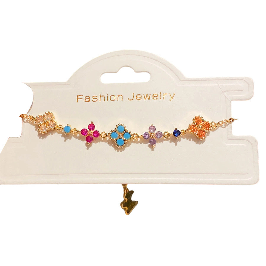 Sweet Minimalist 18K Gold Plated Brass Floral Cubic Zirconia Bracelet for Women