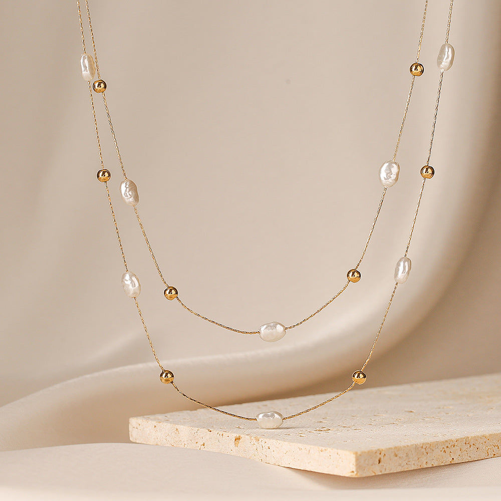 Minimalist Baroque Pearl Layered Necklace for Women with Titanium Steel Chain and Geometric Pendant