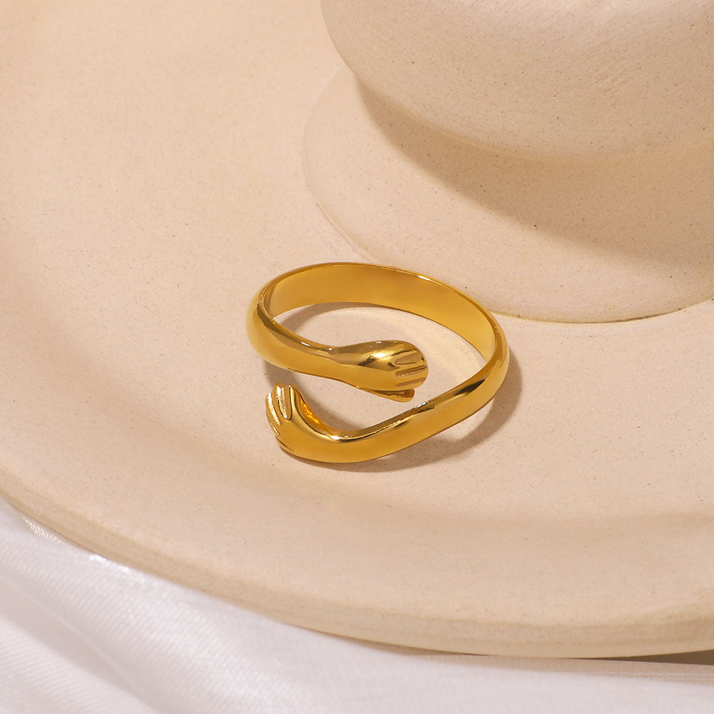 Romantic French-Style Asymmetric Stainless Steel Plated Hug Ring Couple Set Hypoallergenic Unisex Fashion Jewelry