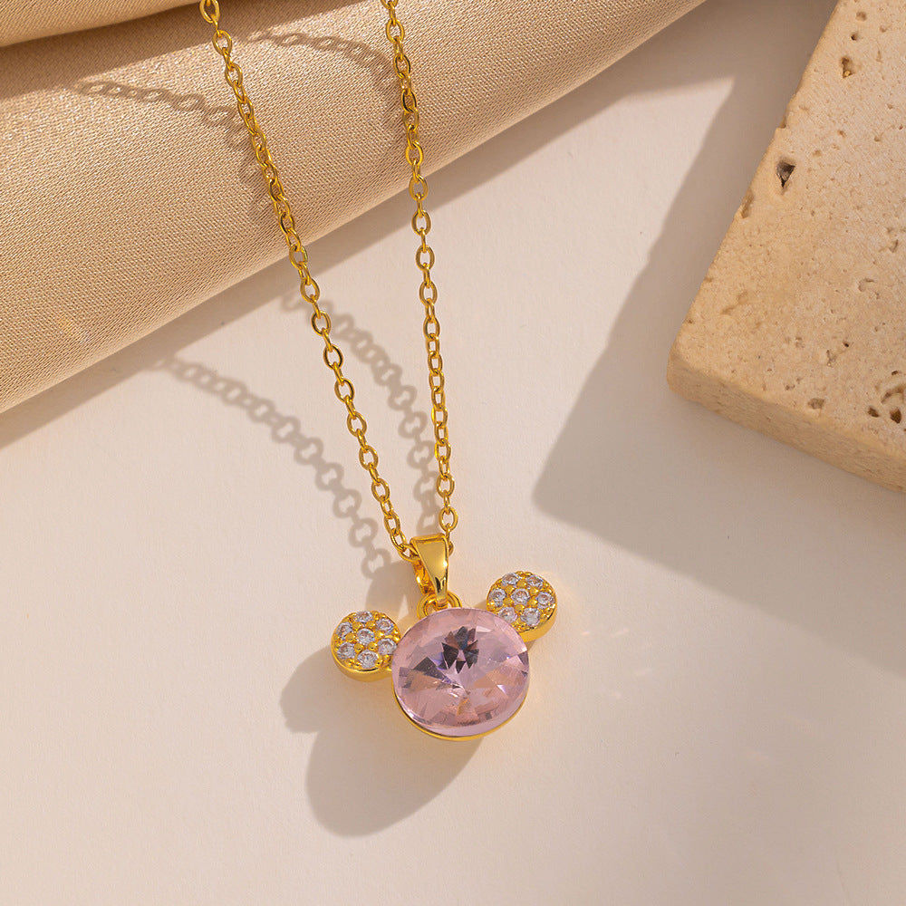 Sweet Korean-Style Cartoon Mickey Mouse Pendant Necklace for Women in Titanium Steel with Gold Plating, Heart-Shaped Cute Pink Zircon Accents on O-Chain
