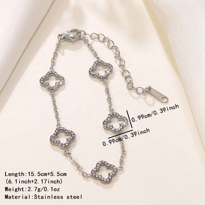 Elegant Stainless Steel Four-Leaf Clover Rhinestone Bracelet for Women