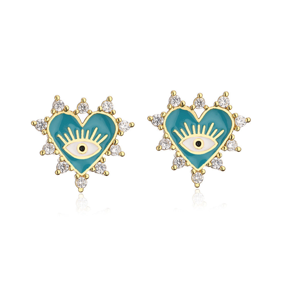 Geometric Earrings for Women with Copper Base Plated in 18K Gold and Enamel-Finished Zirconia Eye Accents