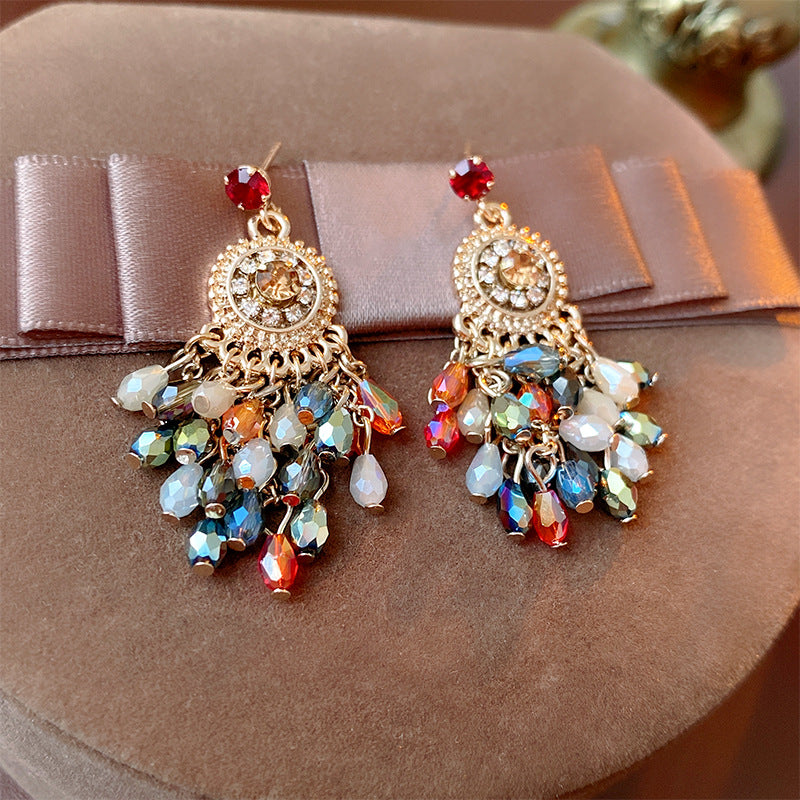 Ethnic Vintage Style Geometric Crystal Floral Tassel Earrings with Stainless Steel Posts for Women