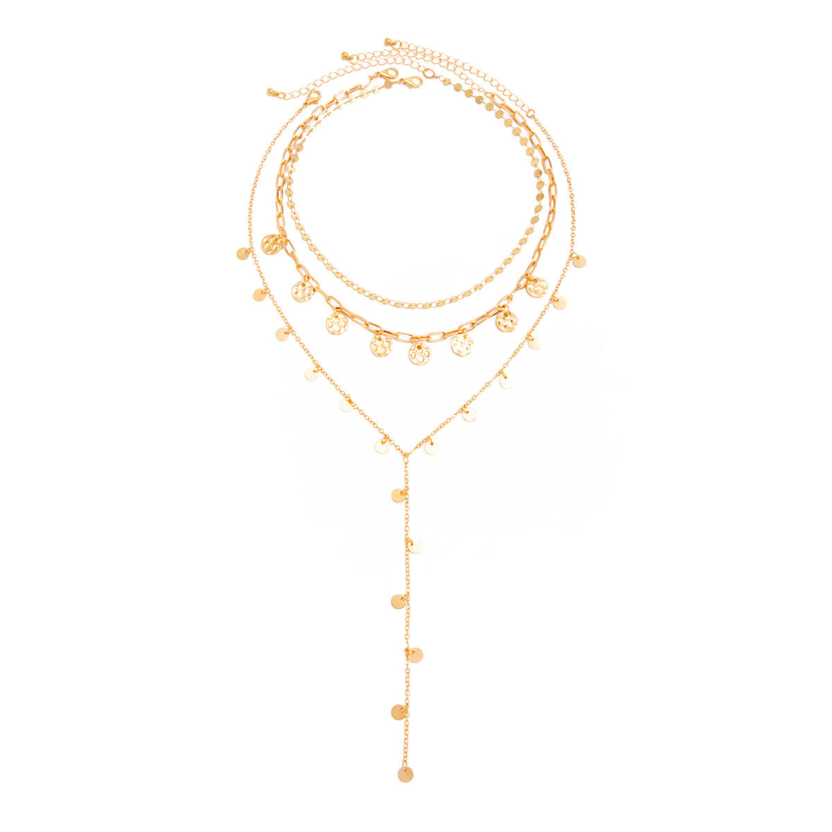 Minimalist Geometric Round Plated Brass Iron Pendant Y-Shape Layered Cable Chain Necklace for Women