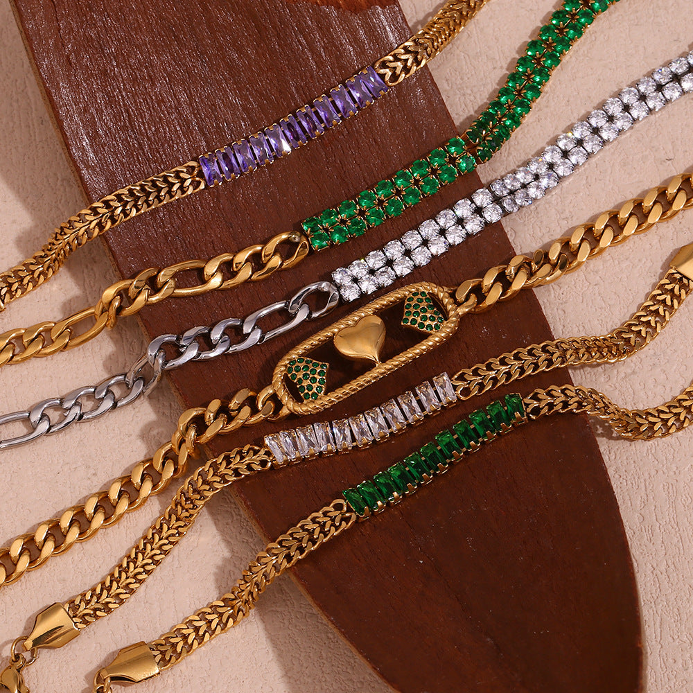 Pulsera de eslabones huecos con forma de corazón, chapada en oro de 18 quilates, de acero inoxidable geométrico, con microincrustaciones de circonia cúbica