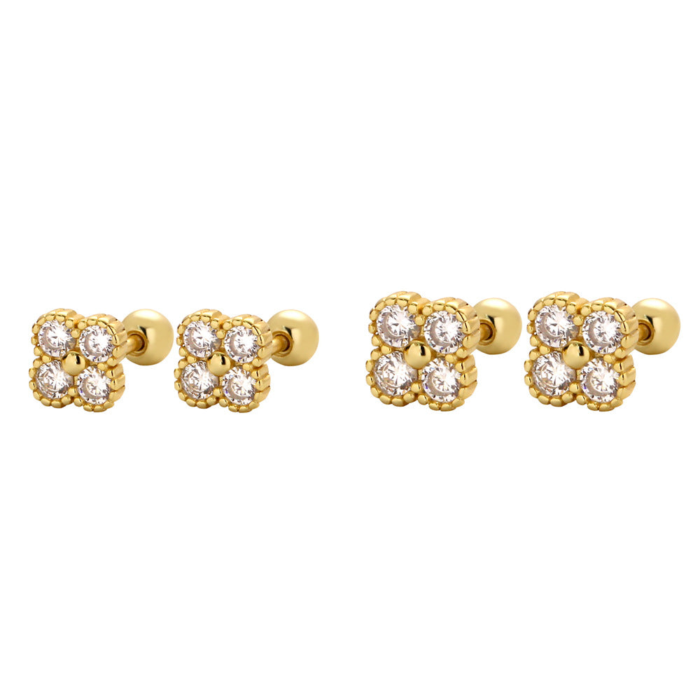 Vintage Clover-Shaped S925 Sterling Silver Stud Earrings with Rhinestone Inlay for Women