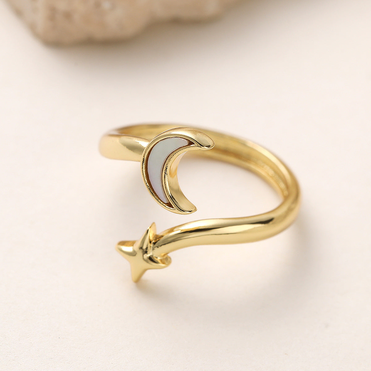 Minimalist 18K Gold Plated Brass Ring with Micro-Inlaid Shell Star Moon and Heart Geometric Design for Women