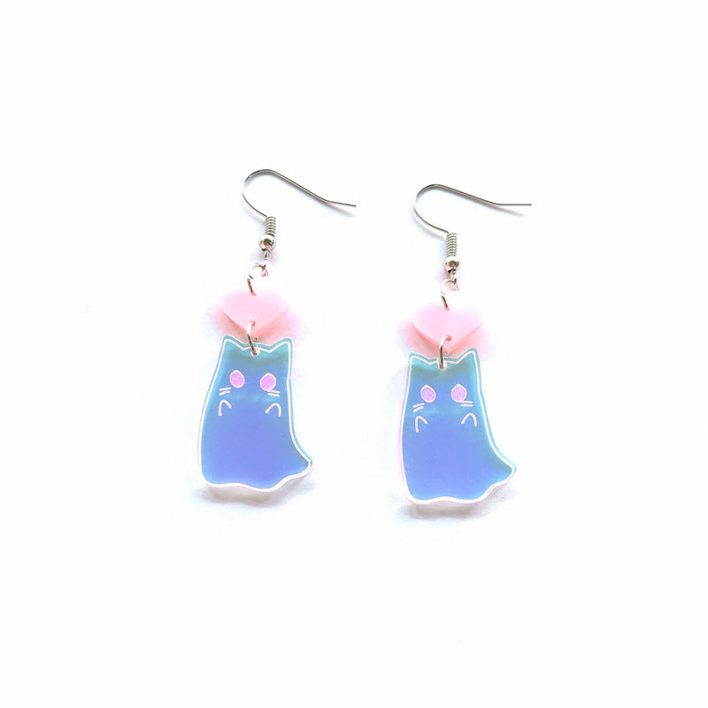 Lindos aretes acrílicos de gato fantasma de Halloween con colores de caramelo y efecto iridiscente
