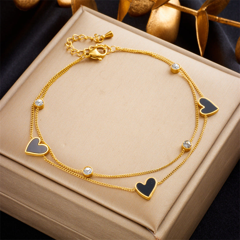 Minimalist Heart-Shaped Titanium Steel Anklet with Black and White Enamel Accents for Women
