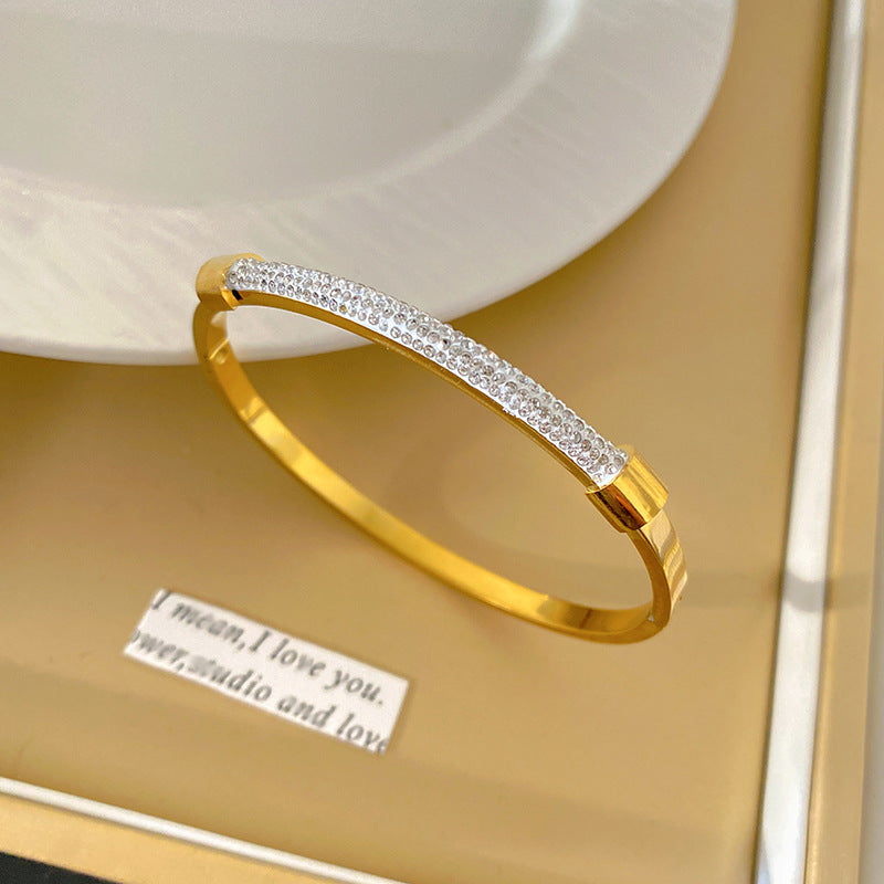 Luxury 18K Gold Plated Geometric Titanium Steel Bracelet with Full Cubic Zirconia Inlay for Women