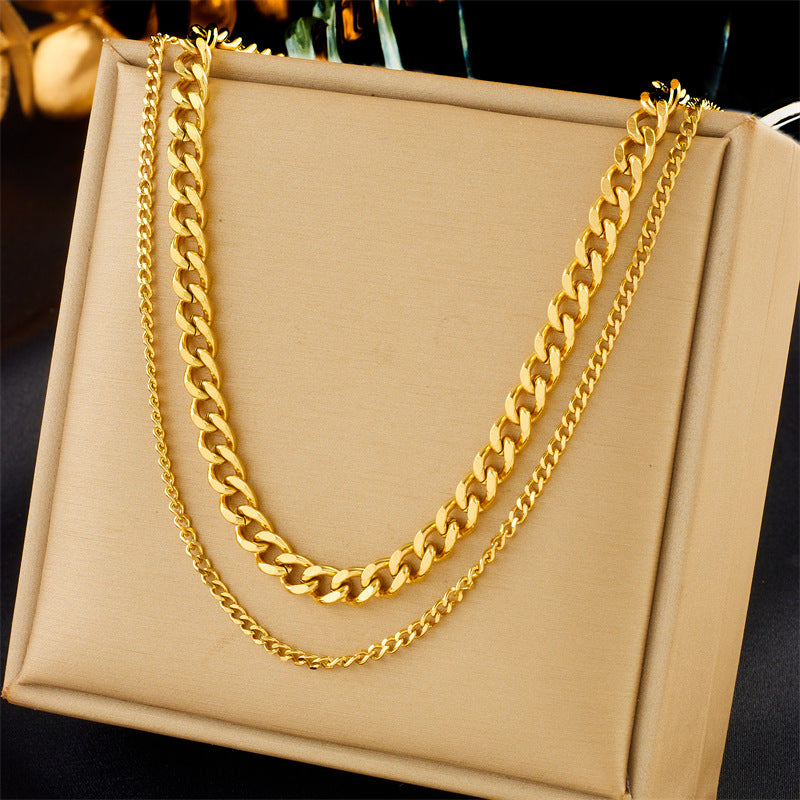 Minimalist Punk Hip Hop Double Layer Titanium Steel Gold Plated Necklace for Women