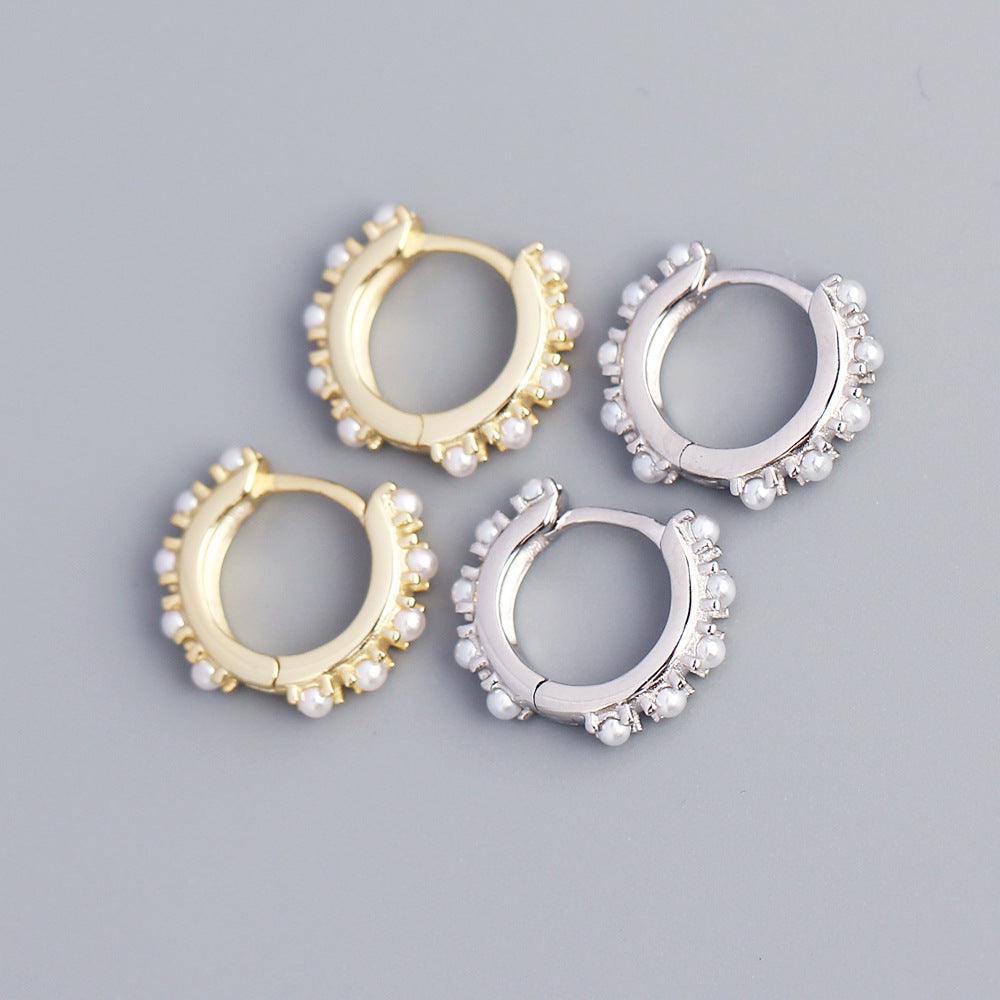 Elegantes pendientes de aro de plata de ley 925 con perlas incrustadas, redondos y geométricos, para mujer