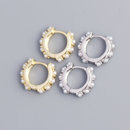 Eleganti orecchini a cerchio in argento sterling 925 con perle intarsiate a forma geometrica rotonda da donna