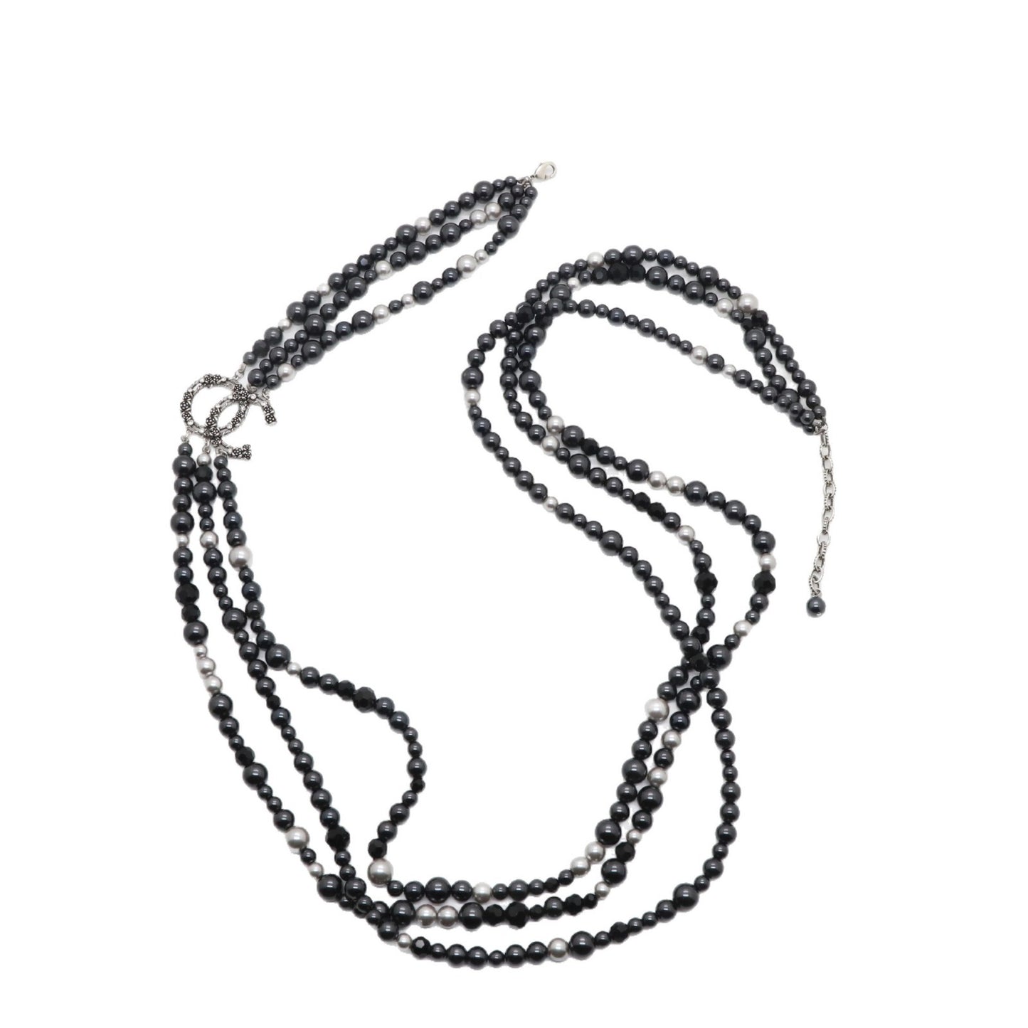 Collana vintage con perle nere e grigie con lettera, catena a sfera multistrato placcata per donna