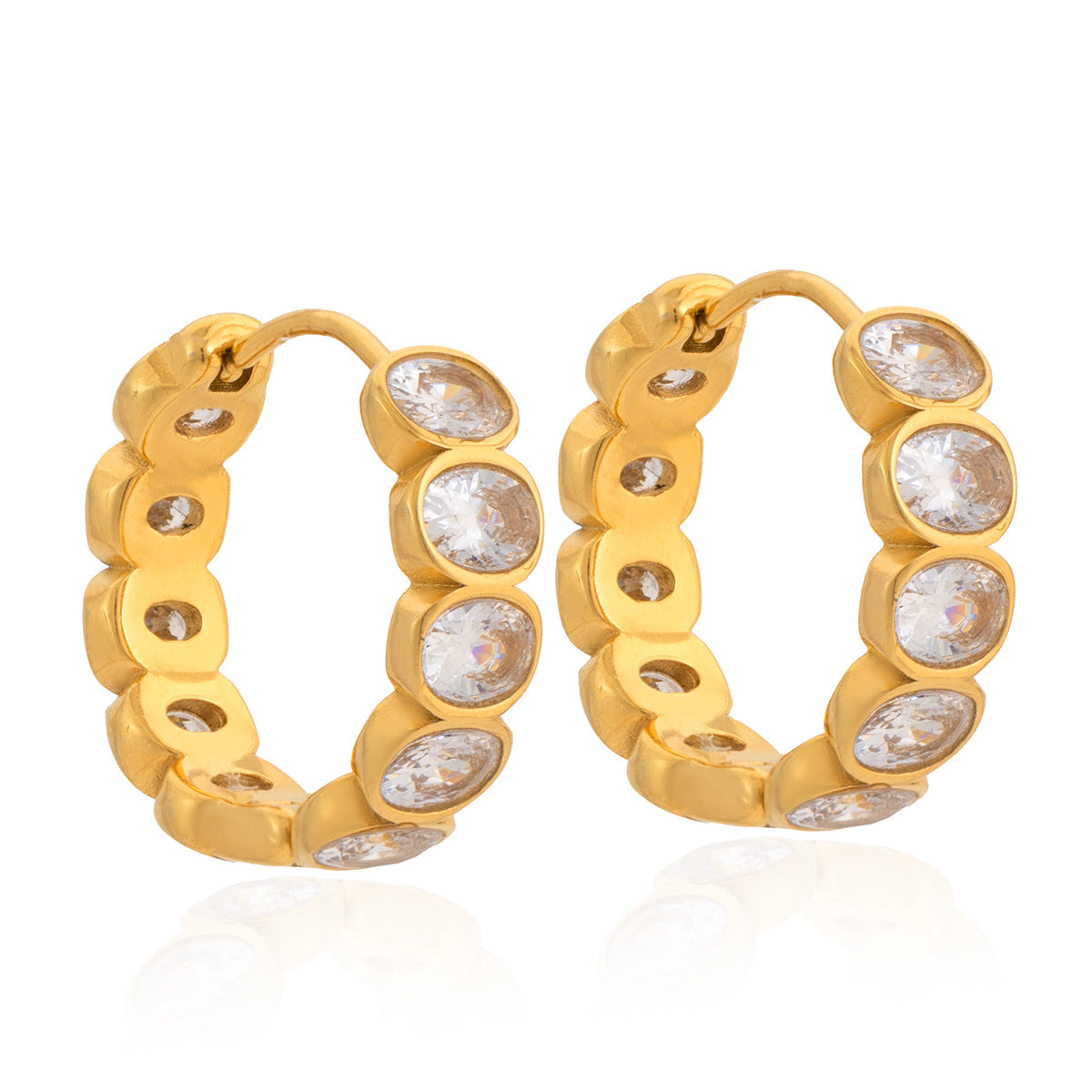 Elegant Geometric Stainless Steel Hoop Earrings with Cubic Zirconia 18K Gold Plated for Women