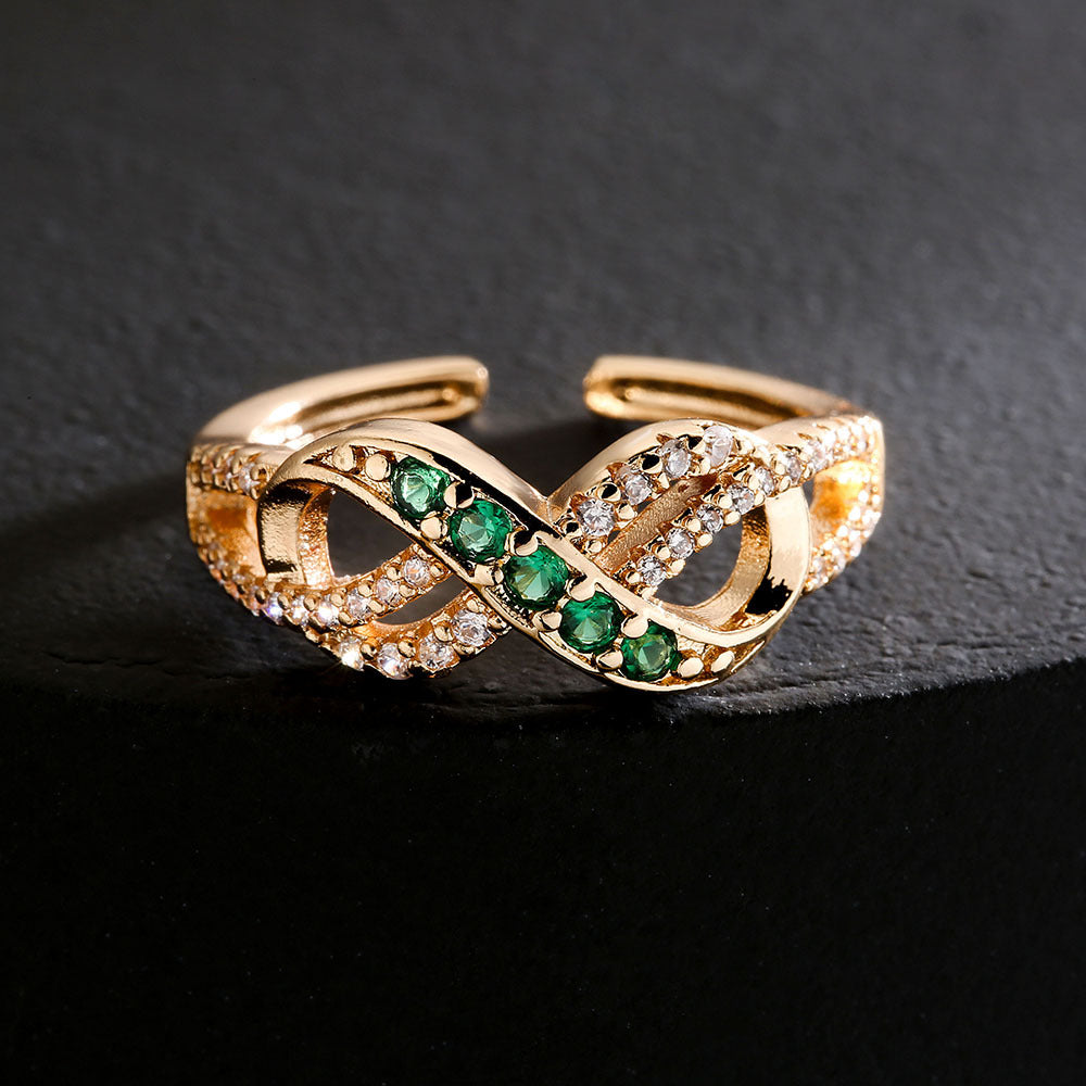 Anello aperto geometrico minimalista da donna in ottone placcato oro 18 carati con intarsio di zirconi
