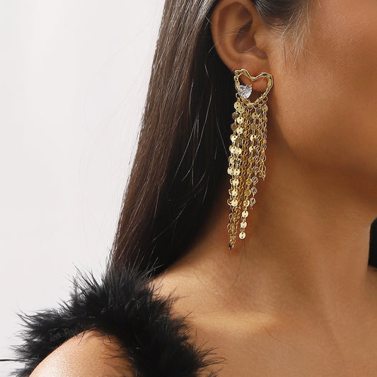 Orecchini in lega a forma di cuore, dolci e grintosi, con strass e ciondoli circolari, da donna