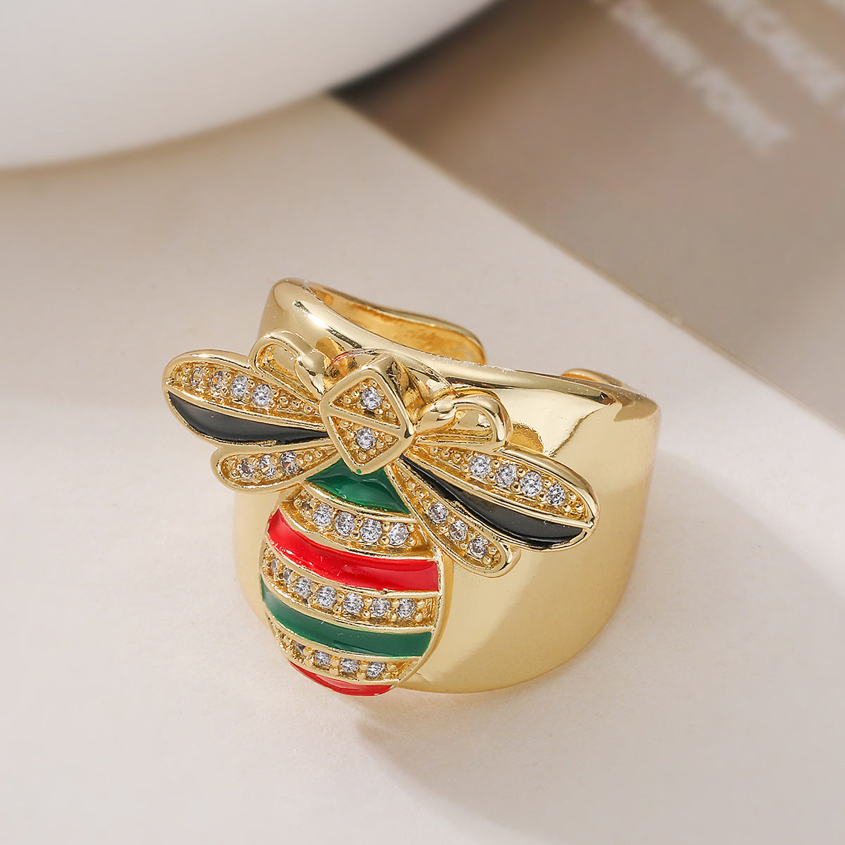 Minimalist Elegant 18K Gold Plated Brass Geometric Micro-Inlaid Cubic Zirconia Bee Open Ring for Women