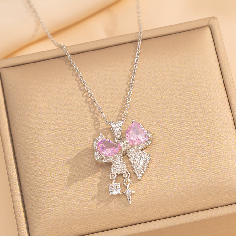 Luxury Bow-Shaped Zirconia Pendant Necklace for Women in Titanium Steel with Vacuum Plating and O-Chain