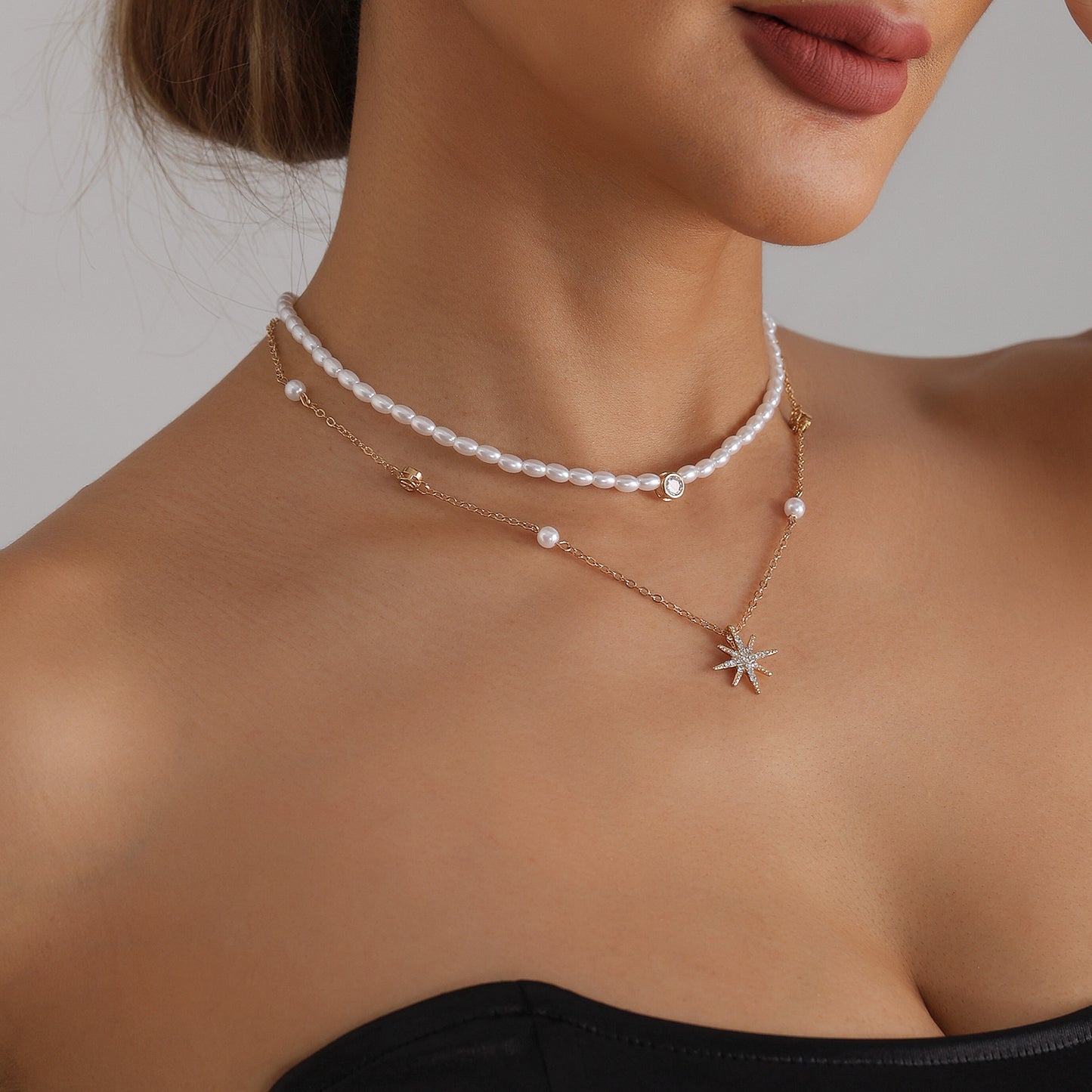Casual Geometric Star Rhinestone Plated Alloy Double Layer Necklace with Pearl for Women