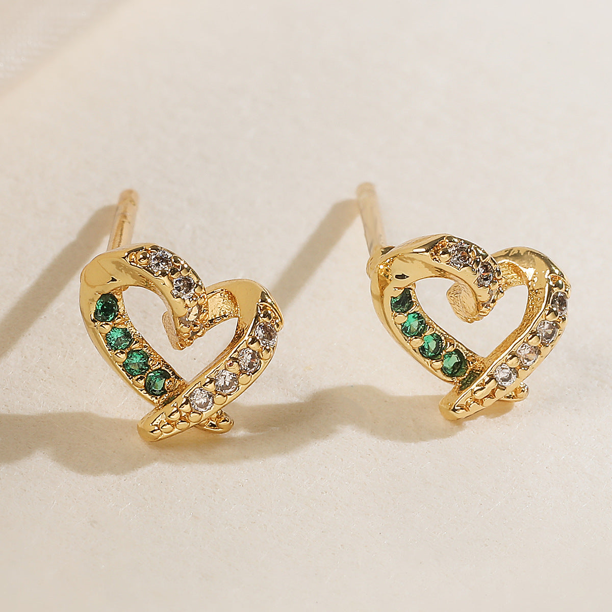 Minimalist Luxury Gold Plated Brass Heart Stud Earrings with Cubic Zirconia for Women