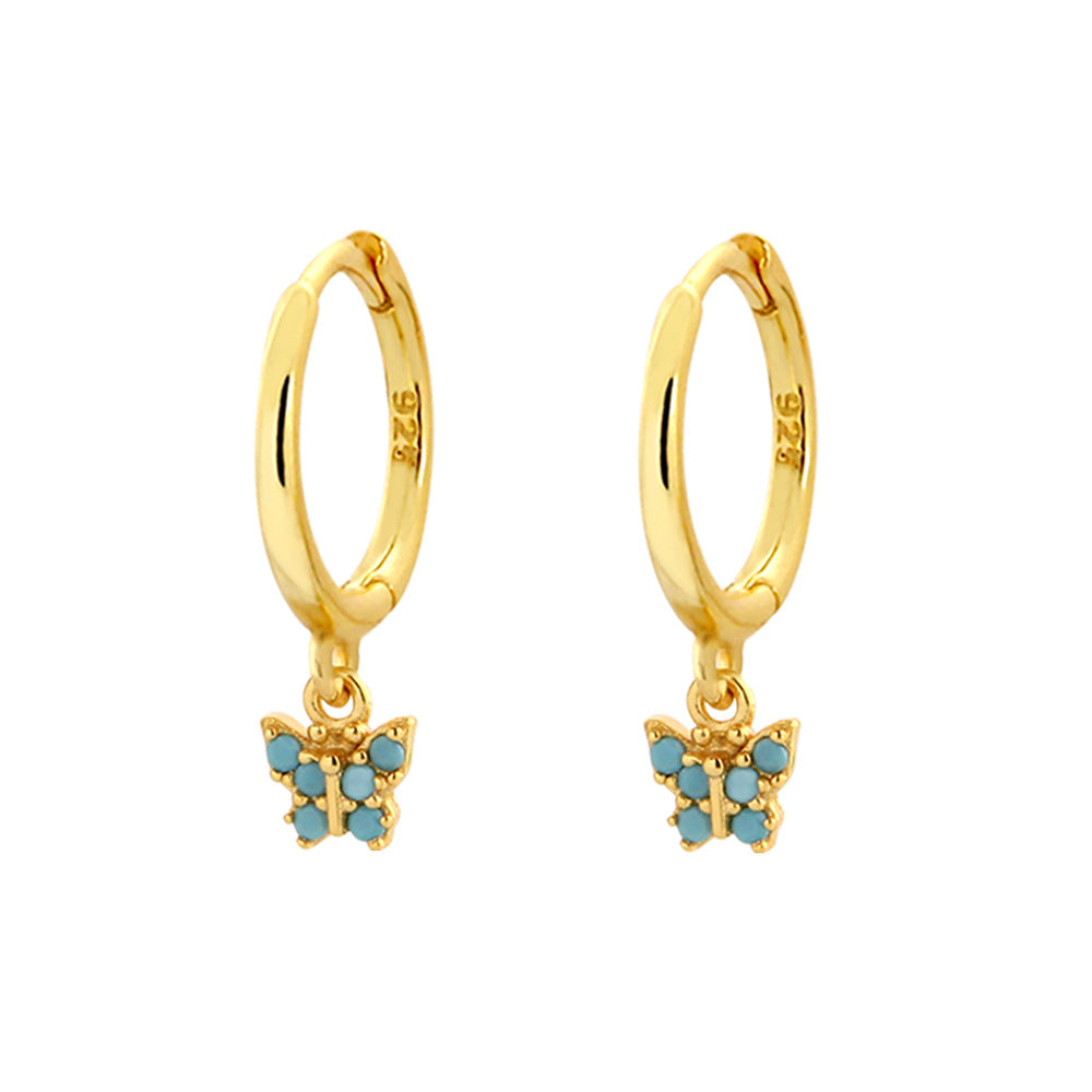 Aretes de aro de lujo para mujer de plata de ley 925, con diseño geométrico floral de mariposa en forma de lágrima y turquesa azul