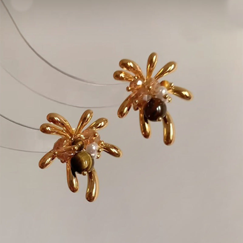 Orecchini a perno in acciaio al titanio con forme geometriche, zirconi e occhio di tigre, da donna, stile minimalista di lusso per l'ufficio e l'uso quotidiano