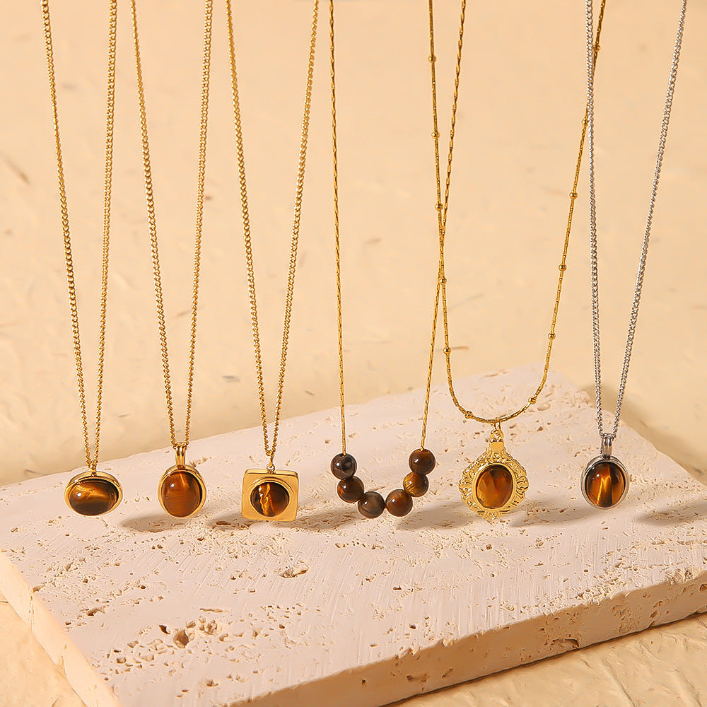 Vintage French Style Geometric Pendant Necklace for Women Stainless Steel with 18K Gold Plating and Natural Tiger Eye Inlay
