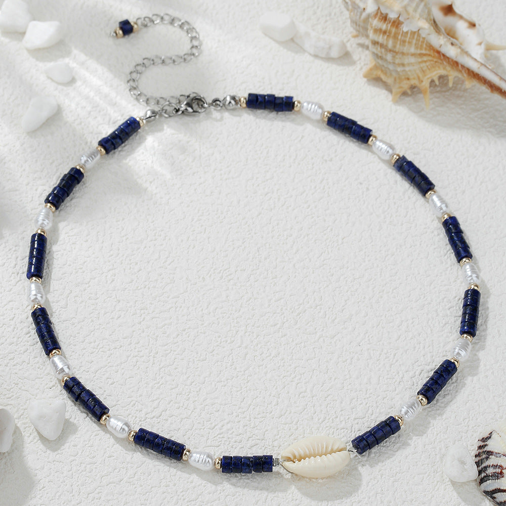 Collana bohémien geometrica con perline di lapislazzuli e accenti di perle imitation su catena a O in acciaio inossidabile per donna e uomo