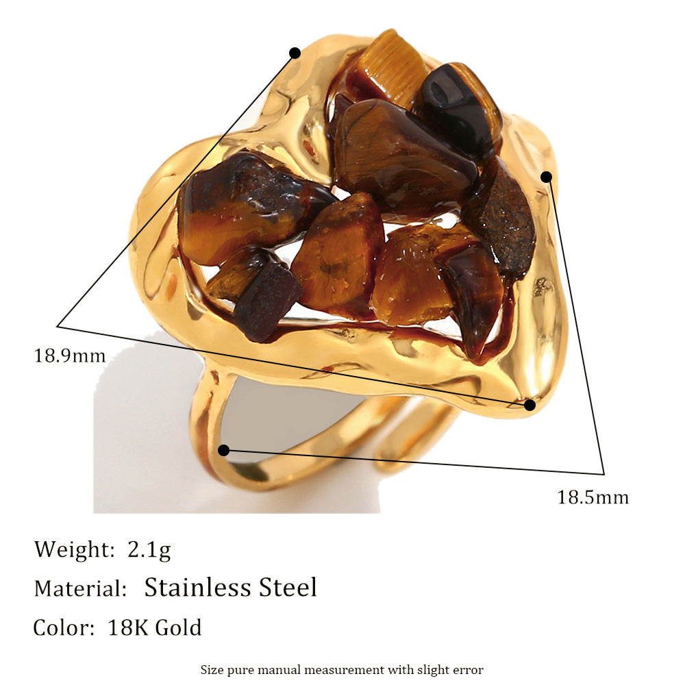 Vintage Fashion Heart-Shaped Stainless Steel Ring with 18K Gold Plating and Tiger Eye Stone Accents