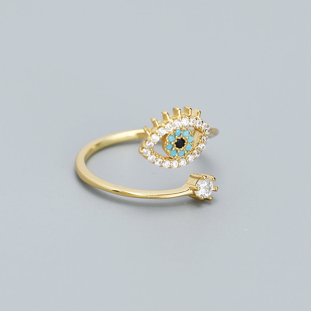 Anello regolabile aperto con placcatura in oro a forma di occhio di demone, in argento sterling 925, per dito indice, stile minimalista