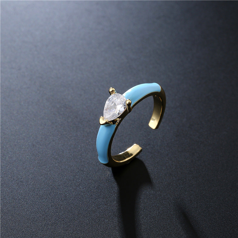 18K Gold Plated Brass Teardrop Geometric Ring with Cubic Zirconia and Drip Oil for Women