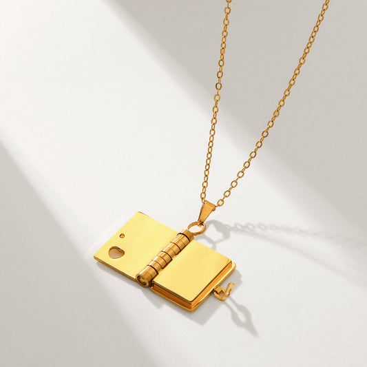 Minimalist Book-Shaped Pendant Necklace with Heart Opening Design in Stainless Steel and Titanium Steel, Electroplated Locket Chain for Women