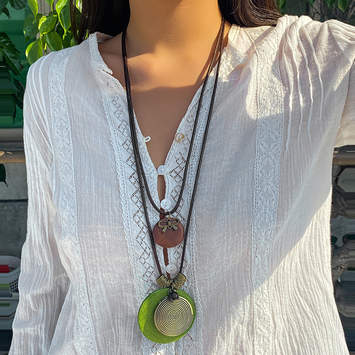 Vintage French Retro Butterfly Pendant Necklace with Geometric Wooden Beads on Irregular Chain for Women