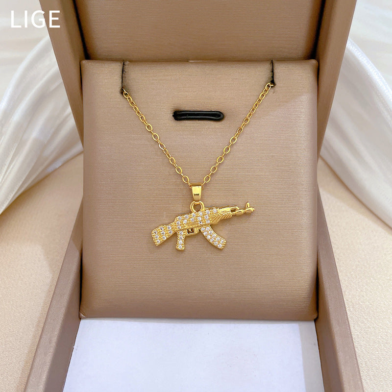 Minimalist Geometric AK Assault Rifle Pendant Necklace for Women and Men with Full Rhinestone Inlay on Titanium Steel Chain