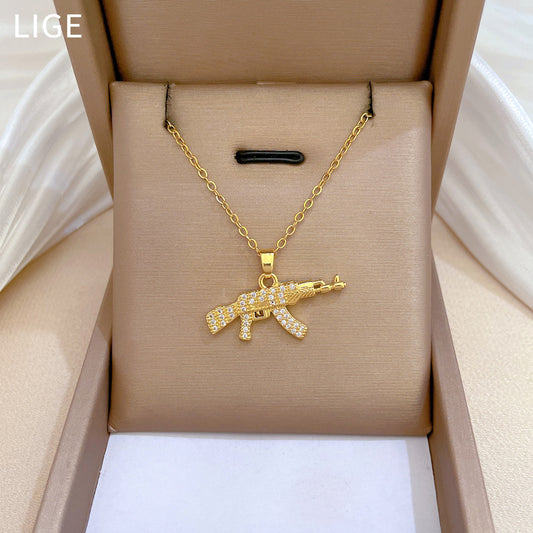 Minimalist Geometric AK Assault Rifle Pendant Necklace for Women and Men with Full Rhinestone Inlay on Titanium Steel Chain
