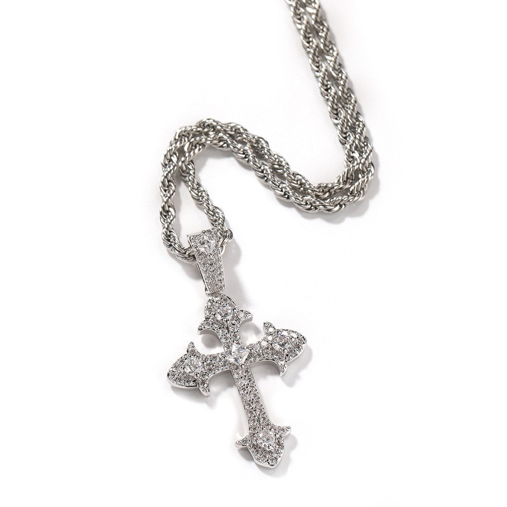 Collar de latón con incrustaciones de circonita cúbica en forma de cruz geométrica estilo Hip-hop para hombre