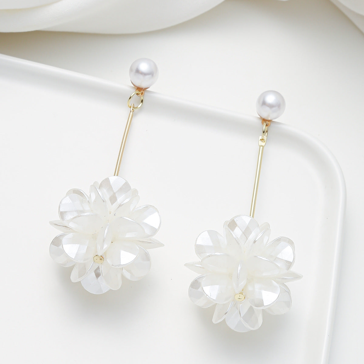 Minimalist Floral Pearl Stud Earrings with Long Tassel Dangle for Women Alloy Base with Electroplated Finish