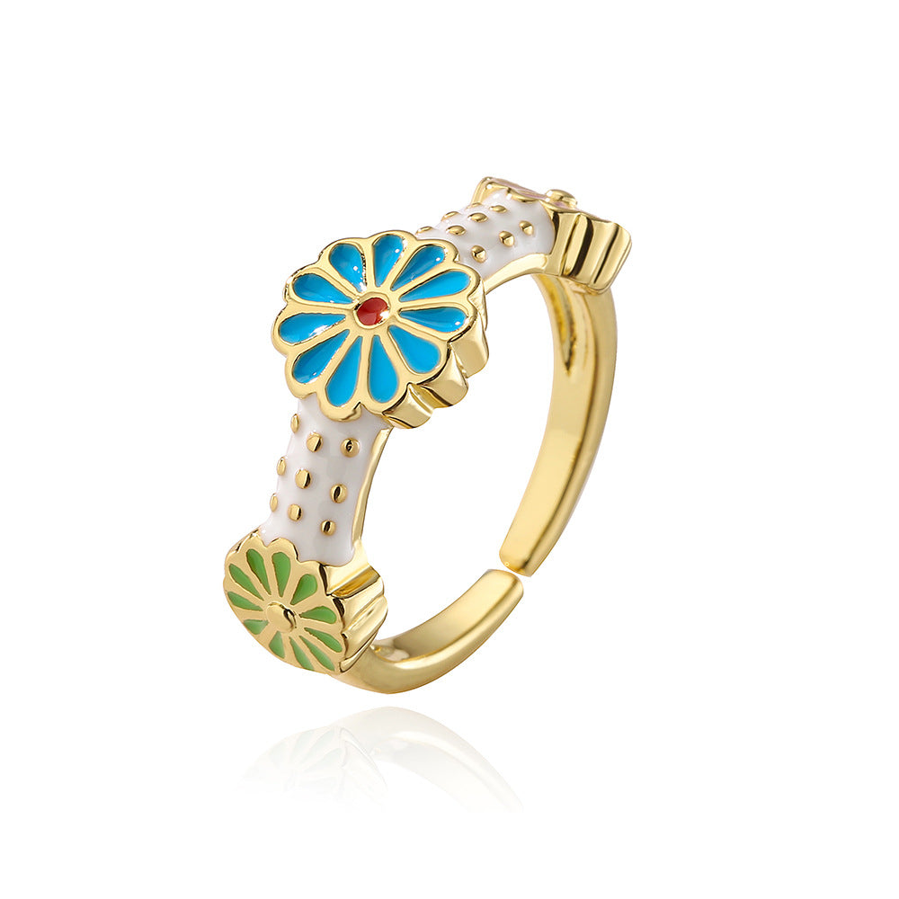 Bohemian Style Irregular Geometric Shape Copper Ring with Gold Plating and Enamel Floral Design for Women