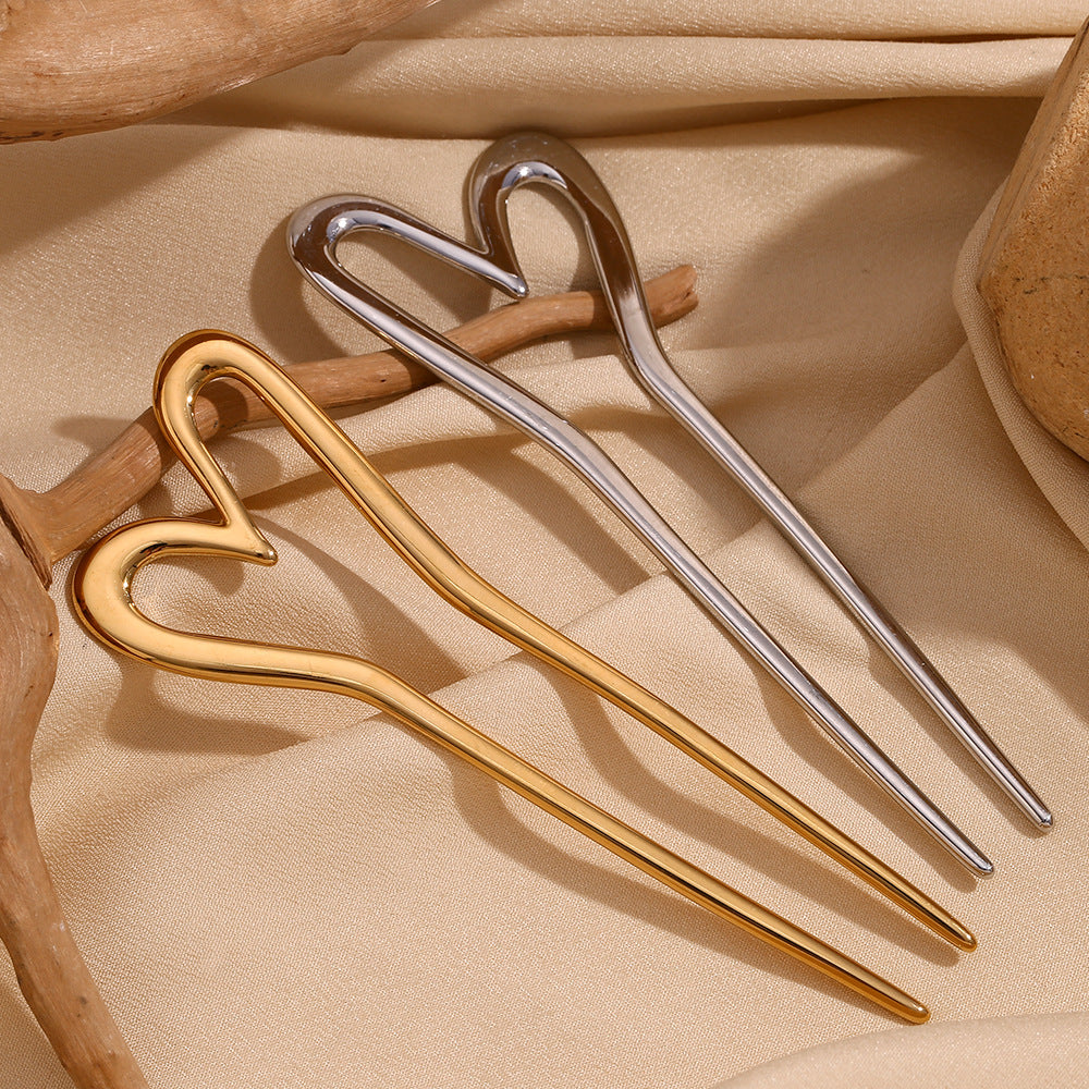 Elegante forcina a forma di cuore in acciaio inossidabile placcato oro 18 carati da donna