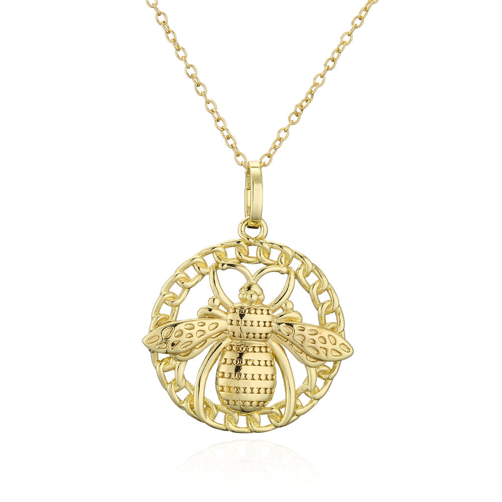 Vintage Bohemian Geometric Bee Gold Plated Brass Necklace with Cubic Zirconia Inlay Cable Chain