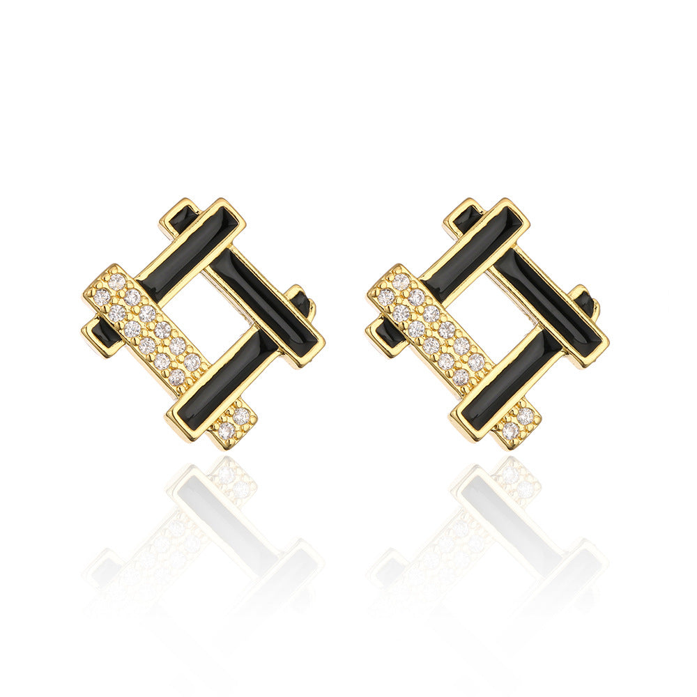 Minimalist Geometric Copper Earrings with 18K Gold Plating and Enamel Finish for Women